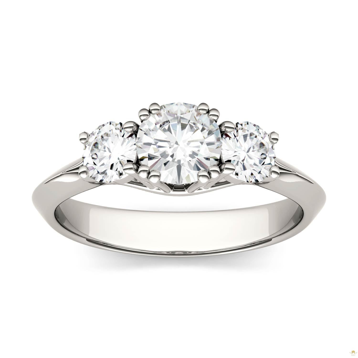 1.06 CTW   Round Moissanite Three Stone Ring in 14K White Gold