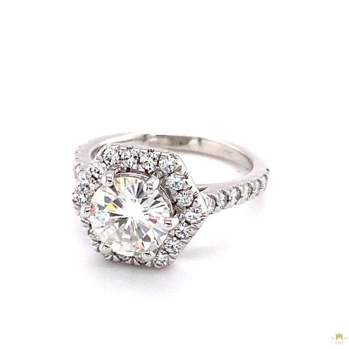 2.06 CTW   Round Near-Colorless Moissanite Halo Engagement Ring in 14K White Gold