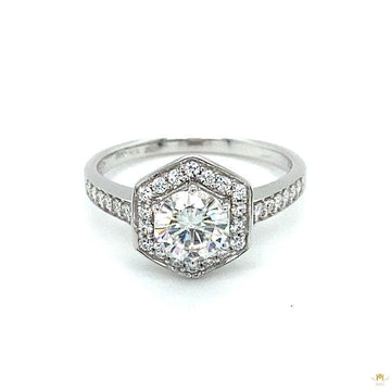 1.10 CTW   Round Near-Colorless Moissanite Geometric Halo Engagement Ring in 14K White Gold