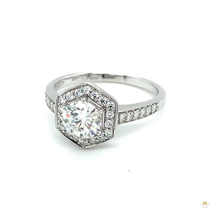 1.10 CTW   Round Near-Colorless Moissanite Geometric Halo Engagement Ring in 14K White Gold