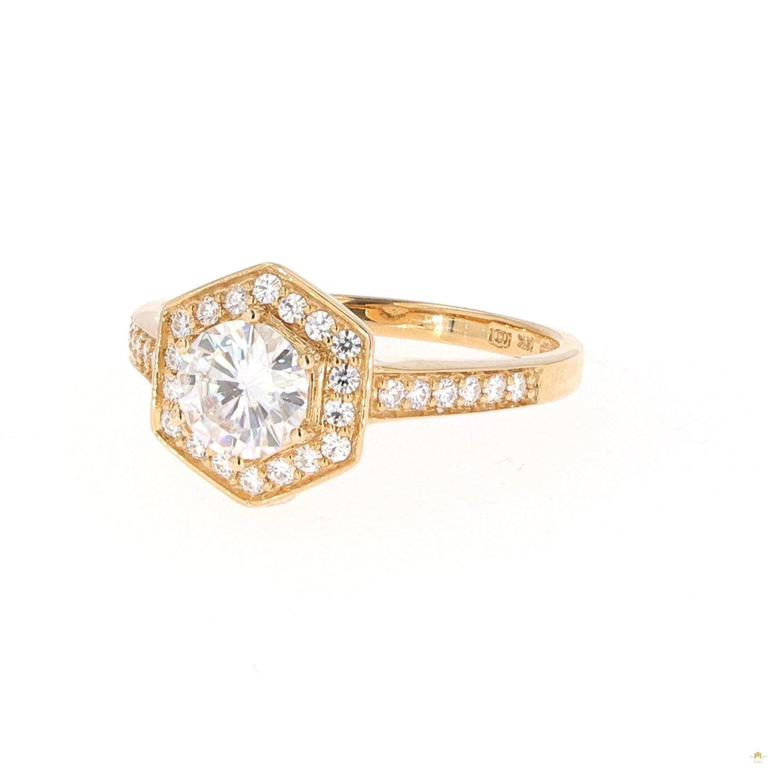 1.10 CTW   Round Near-Colorless Moissanite Geometric Halo Engagement Ring in 14K Yellow Gold