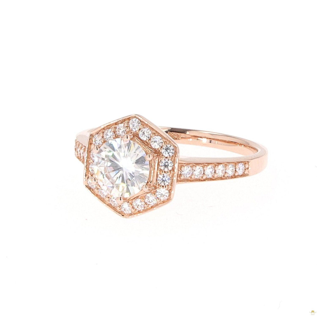 1.10 CTW   Round Near-Colorless Moissanite Geometric Halo Engagement Ring in 14K Rose Gold