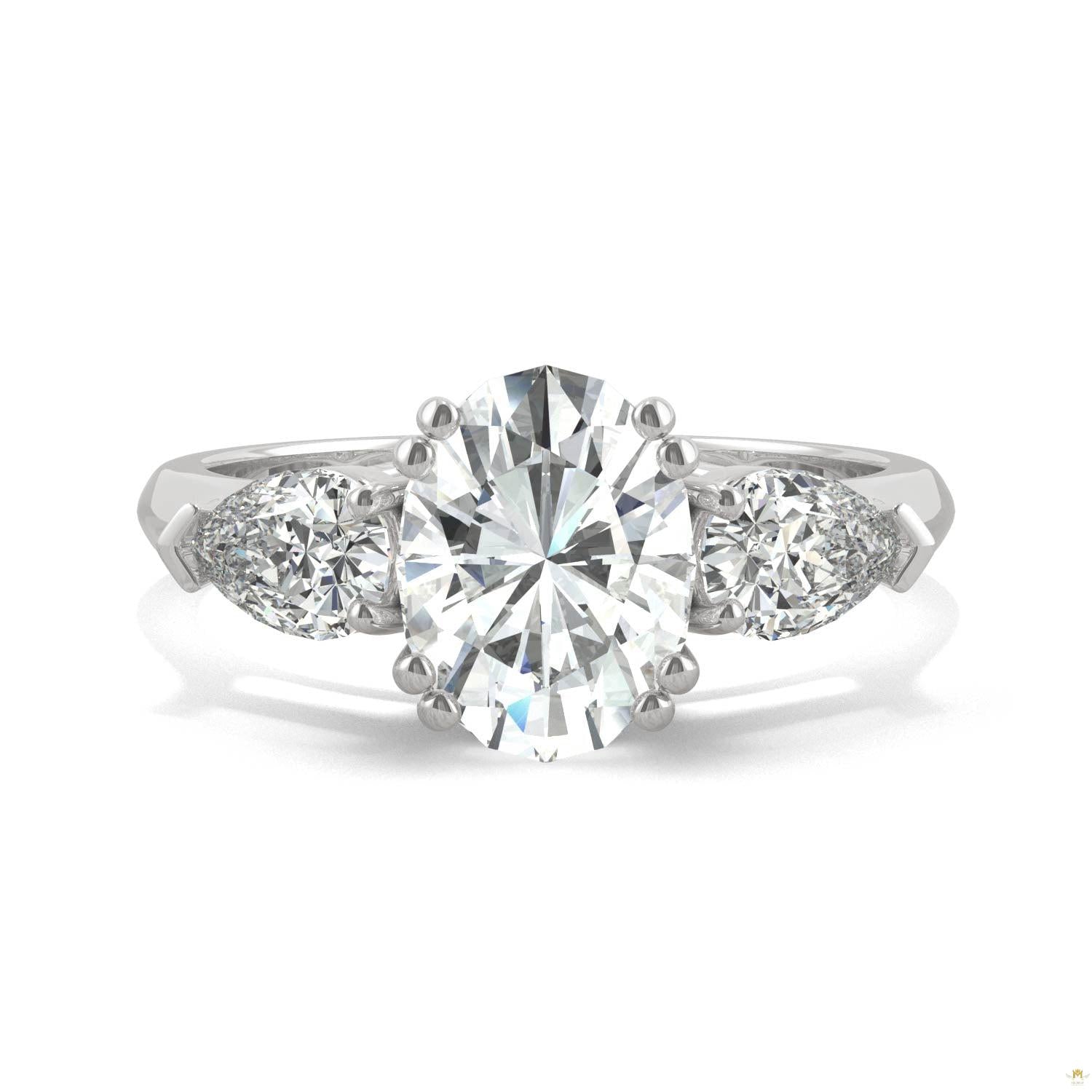 2.96 CTW   Oval Moissanite Three Stone Ring in 14K White Gold