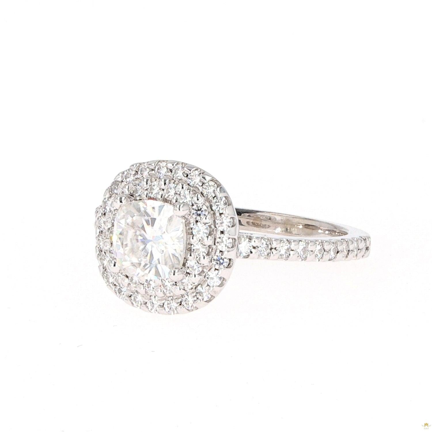1.77 CTW   Cushion Near-Colorless Moissanite Halo Ring in 14K White Gold