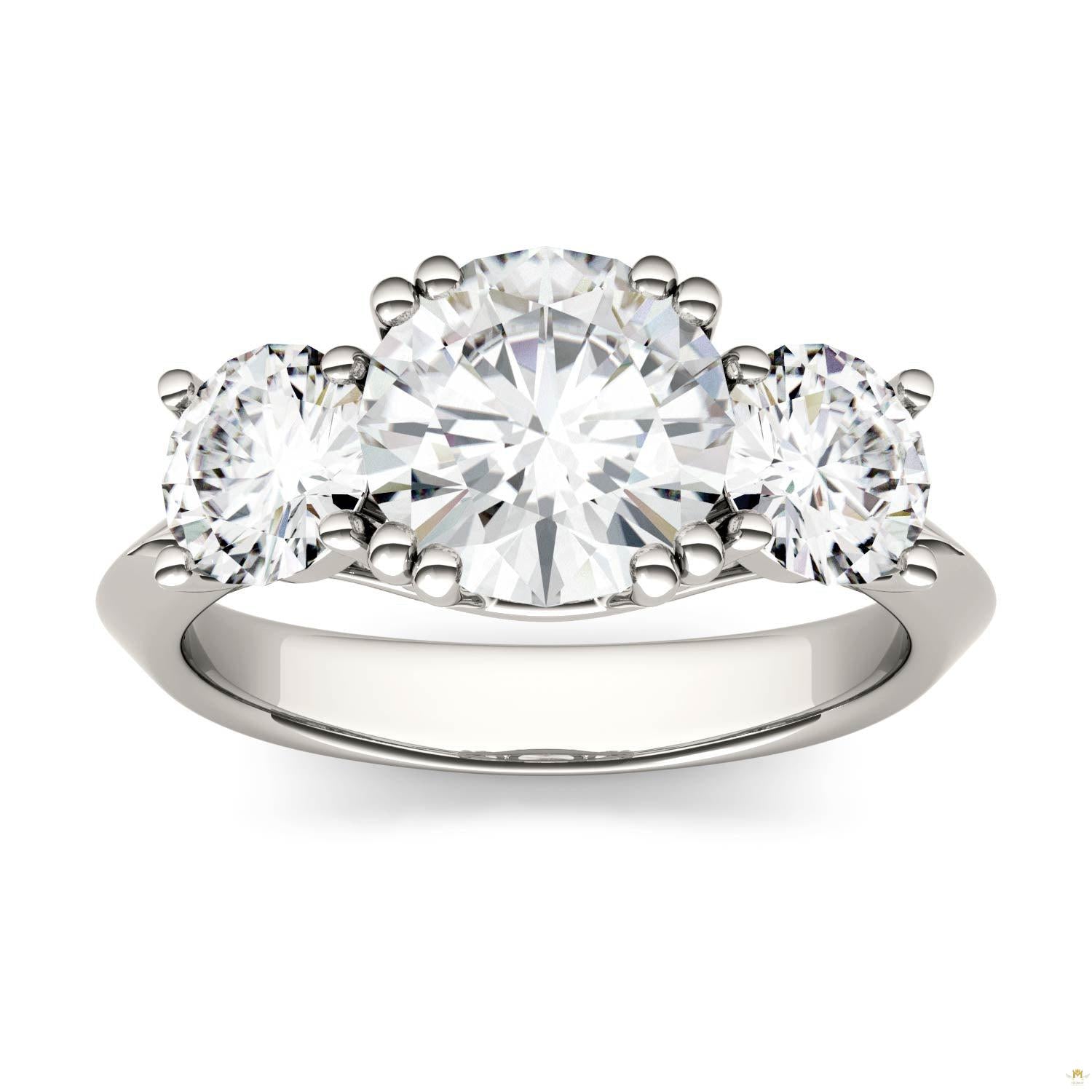 3.10 CTW   Round Moissanite Three Stone Ring in 14K White Gold