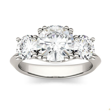 3.10 CTW   Round Moissanite Three Stone Ring in 14K White Gold