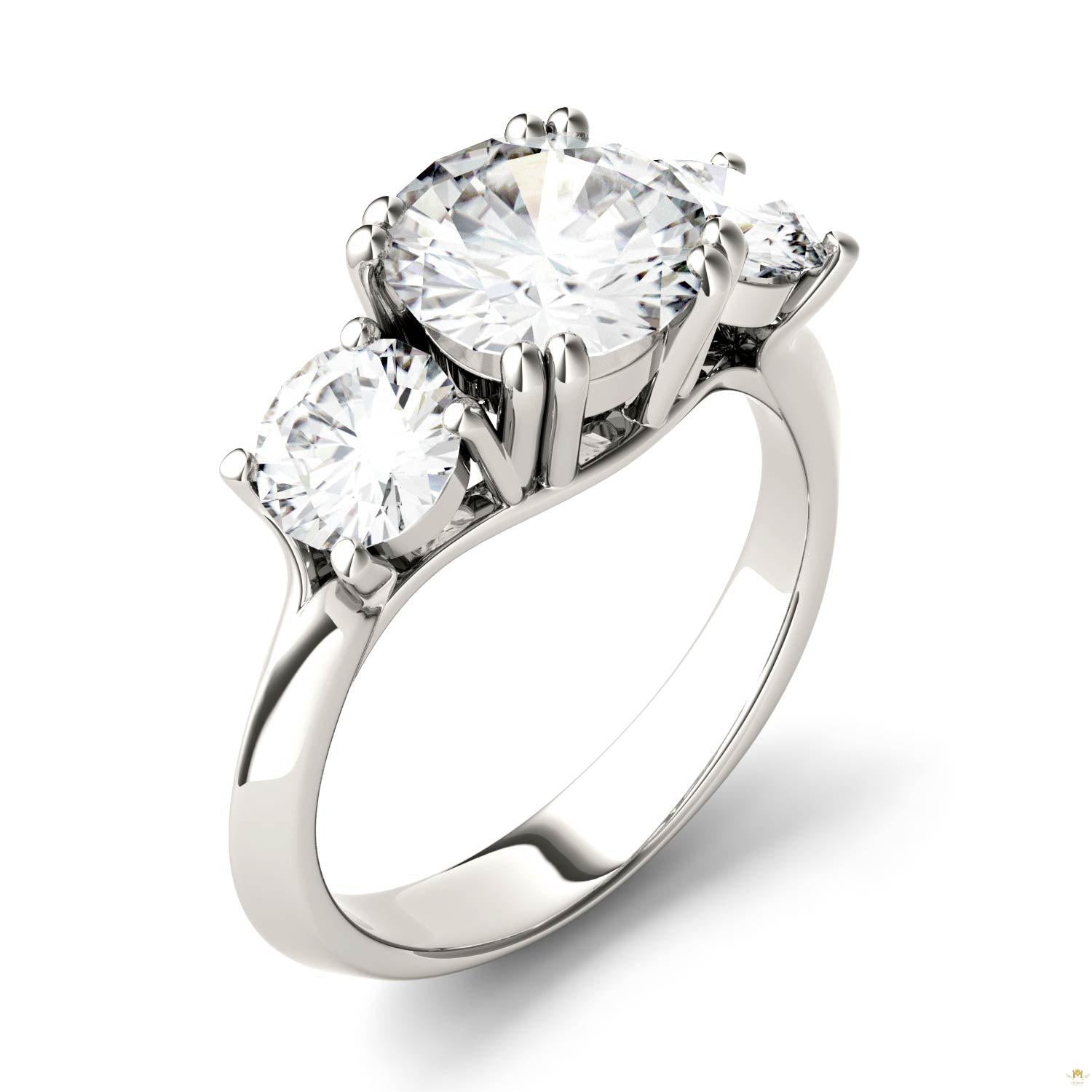 3.10 CTW   Round Moissanite Three Stone Ring in 14K White Gold