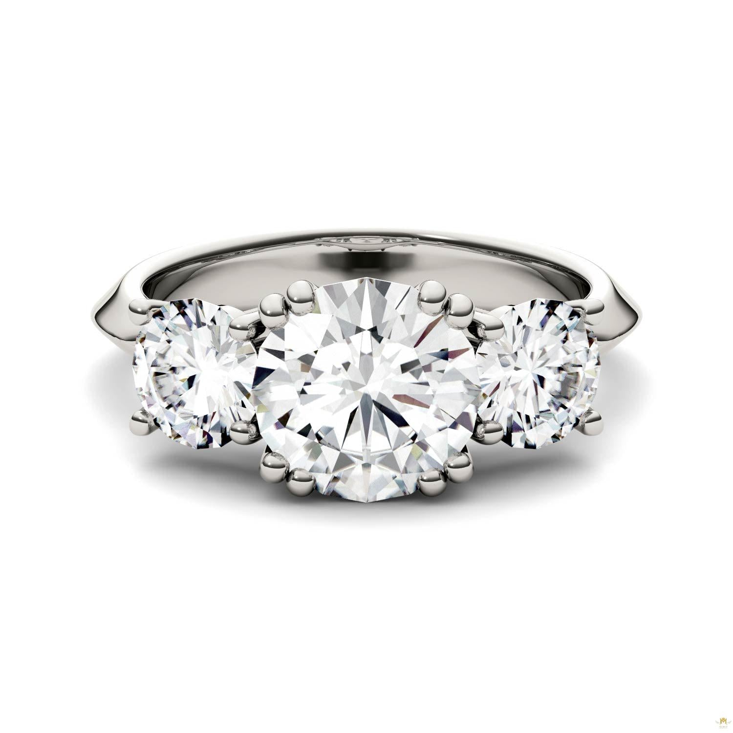 3.10 CTW   Round Moissanite Three Stone Ring in 14K White Gold