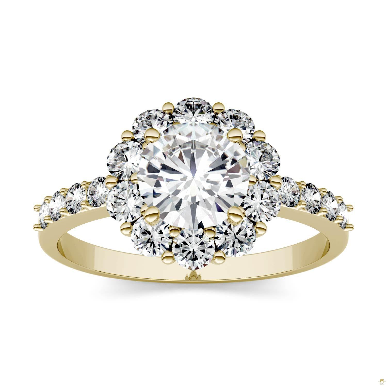1.78 CTW   Round Moissanite Halo Ring in 14K Yellow Gold