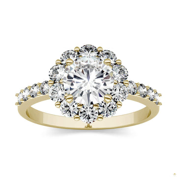1.78 CTW   Round Moissanite Halo Ring in 14K Yellow Gold