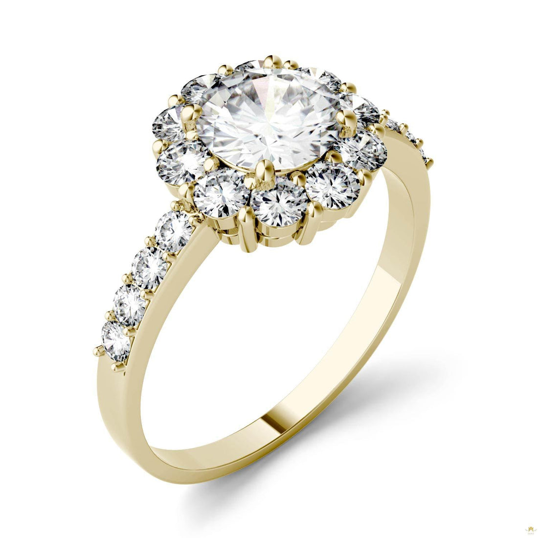 1.78 CTW   Round Moissanite Halo Ring in 14K Yellow Gold