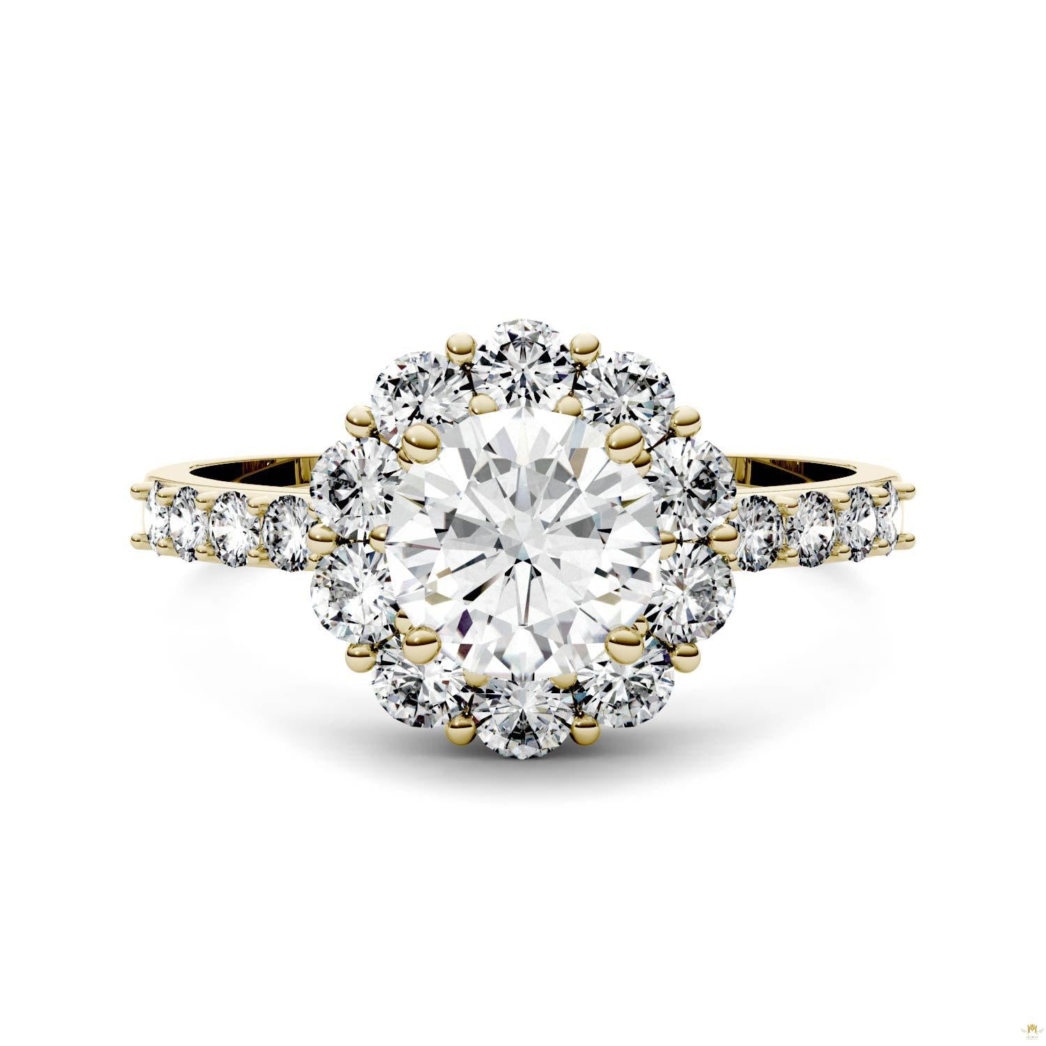 1.78 CTW   Round Moissanite Halo Ring in 14K Yellow Gold
