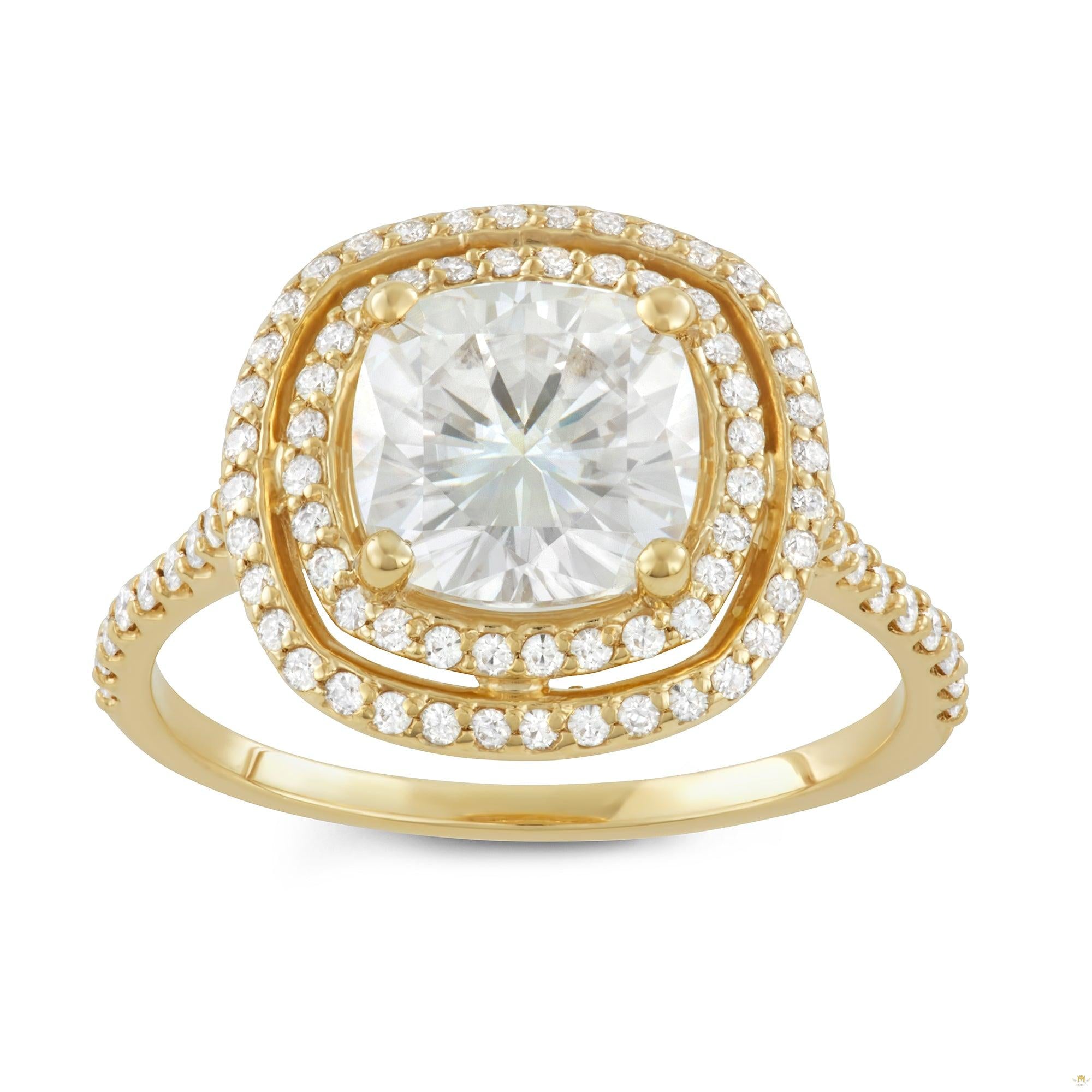 2.90 CTW   Cushion Moissanite Halo Ring in 14K Yellow Gold