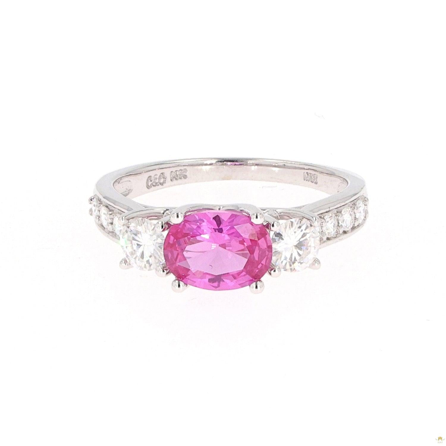 2.14 CTW   Pink Oval Lab Created Sapphire & Moissanite Three-Stone Ring in 14K White Gold