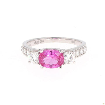 2.14 CTW   Pink Oval Lab Created Sapphire & Moissanite Three-Stone Ring in 14K White Gold