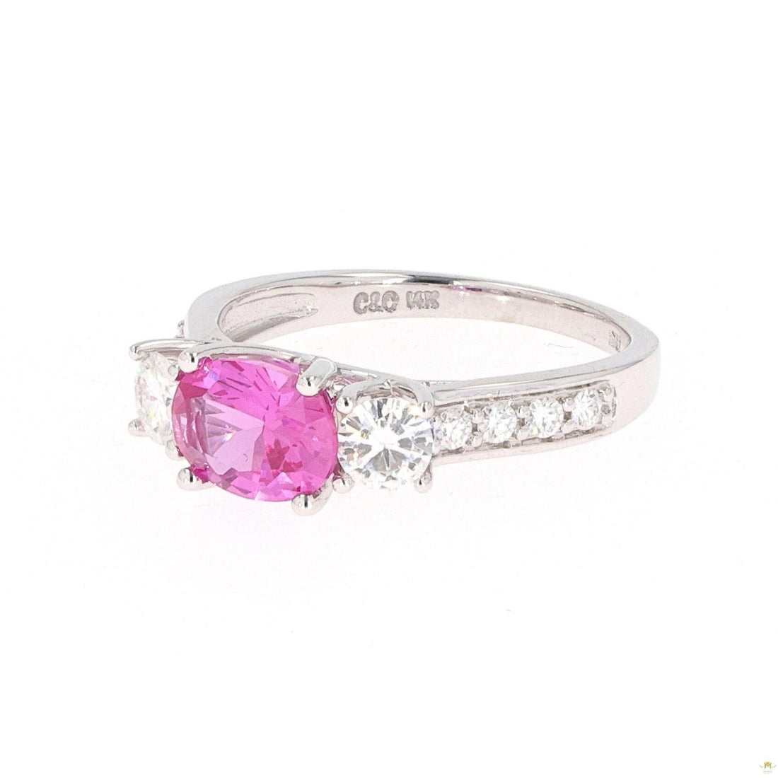 2.14 CTW   Pink Oval Lab Created Sapphire & Moissanite Three-Stone Ring in 14K White Gold