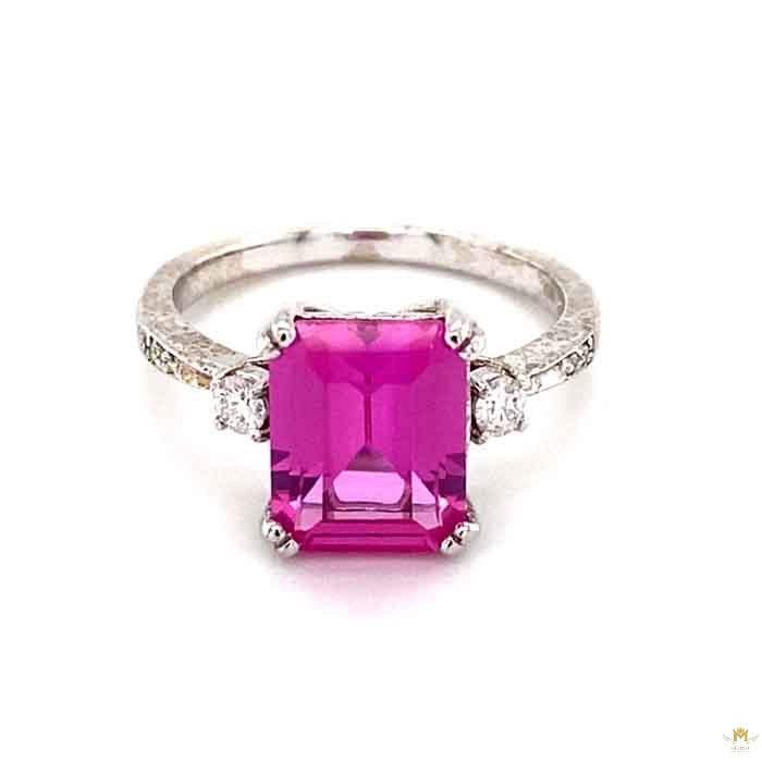 4.14 CTW   Pink Emerald Lab Created Sapphire & Moissanite Three-Stone Engagement Ring in 14K White Gold