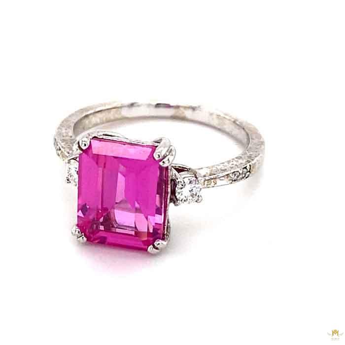 4.14 CTW   Pink Emerald Lab Created Sapphire & Moissanite Three-Stone Engagement Ring in 14K White Gold
