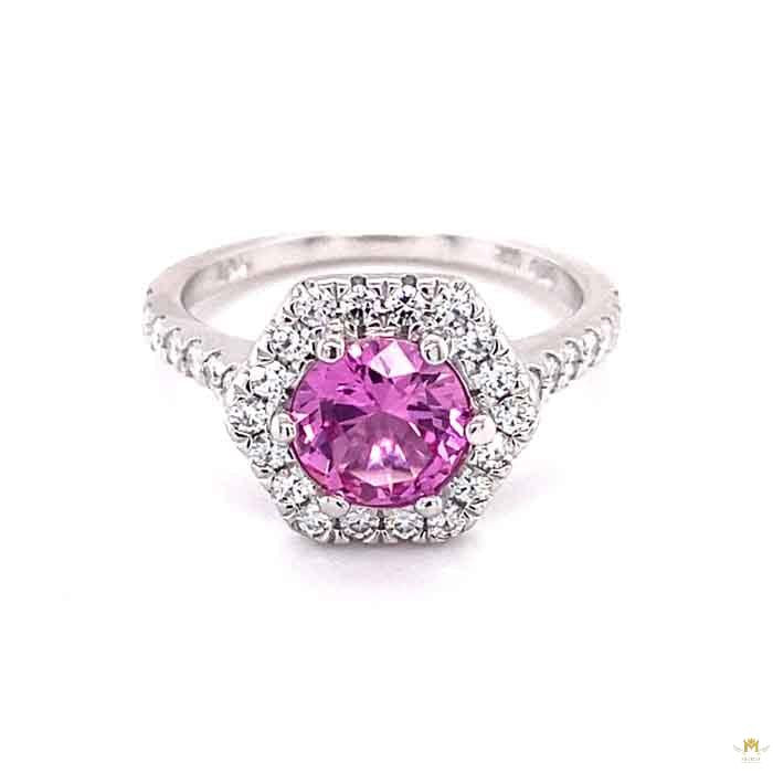 3.26 CTW   Pink Round Lab Created Sapphire & Moissanite Statement Ring in 14K White Gold