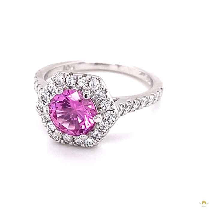 3.26 CTW   Pink Round Lab Created Sapphire & Moissanite Statement Ring in 14K White Gold