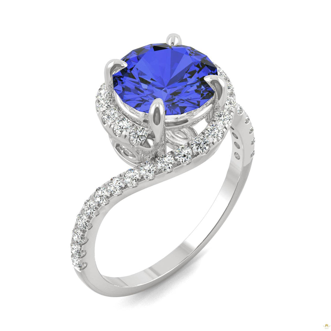 3.04 CTW   Round Sapphire Bypass Ring in 14K White Gold