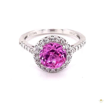 3.15 CTW   Pink Round Lab Created Sapphire & Moissanite Halo Engagement Ring in 14K White Gold