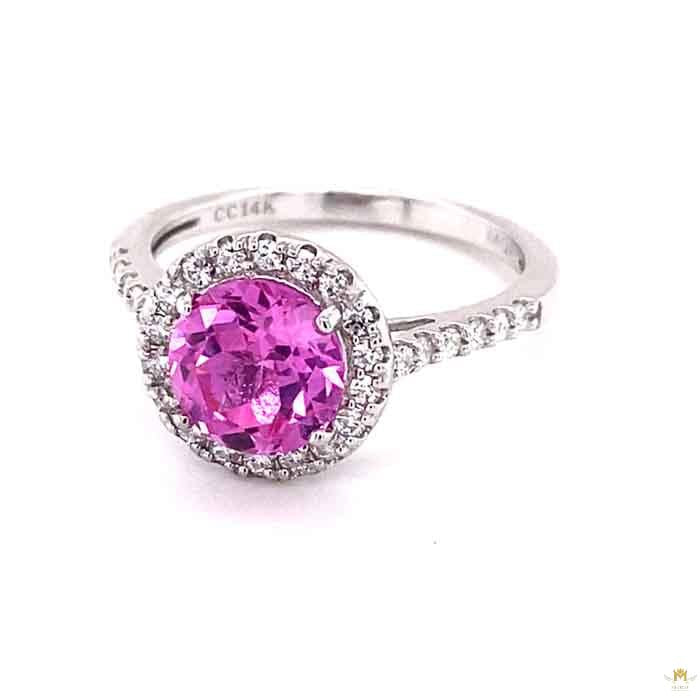 3.15 CTW   Pink Round Lab Created Sapphire & Moissanite Halo Engagement Ring in 14K White Gold