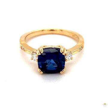 2.84 CTW   Blue Cushion Lab Created Sapphire & Moissanite Statement Ring in 14K Yellow Gold