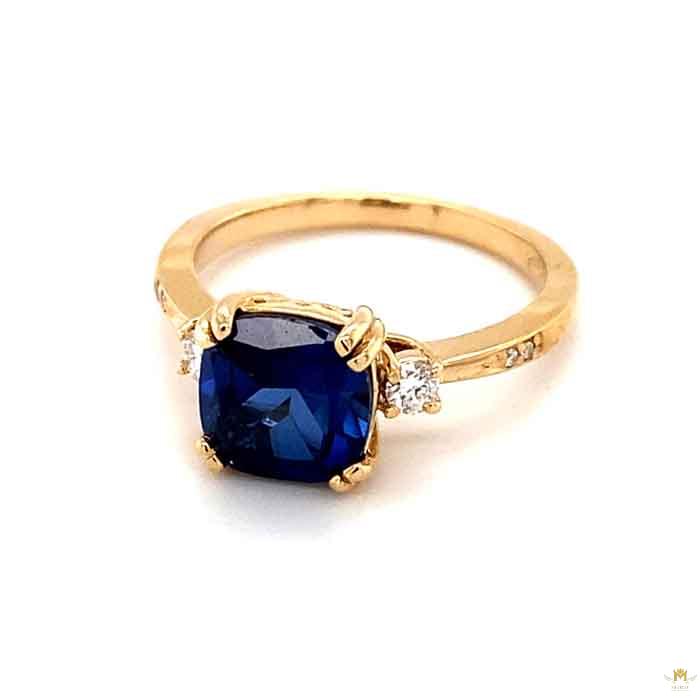 2.84 CTW   Blue Cushion Lab Created Sapphire & Moissanite Statement Ring in 14K Yellow Gold