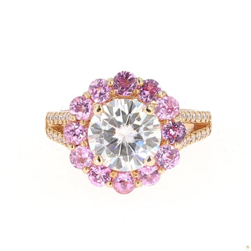 5.18 CTW   Round Near-Colorless Moissanite & Pink Lab Created Sapphire Statement Ring in 14K Yellow Gold