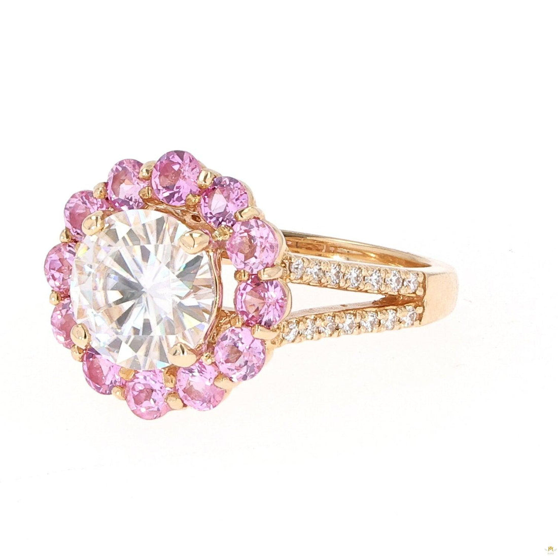 5.18 CTW   Round Near-Colorless Moissanite & Pink Lab Created Sapphire Statement Ring in 14K Yellow Gold