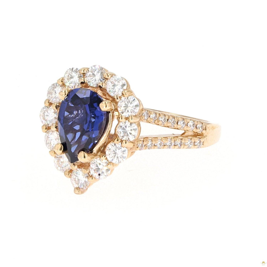 2.73 CTW   Blue Pear Lab Created Sapphire & Moissanite Statement Ring in 14K Yellow Gold