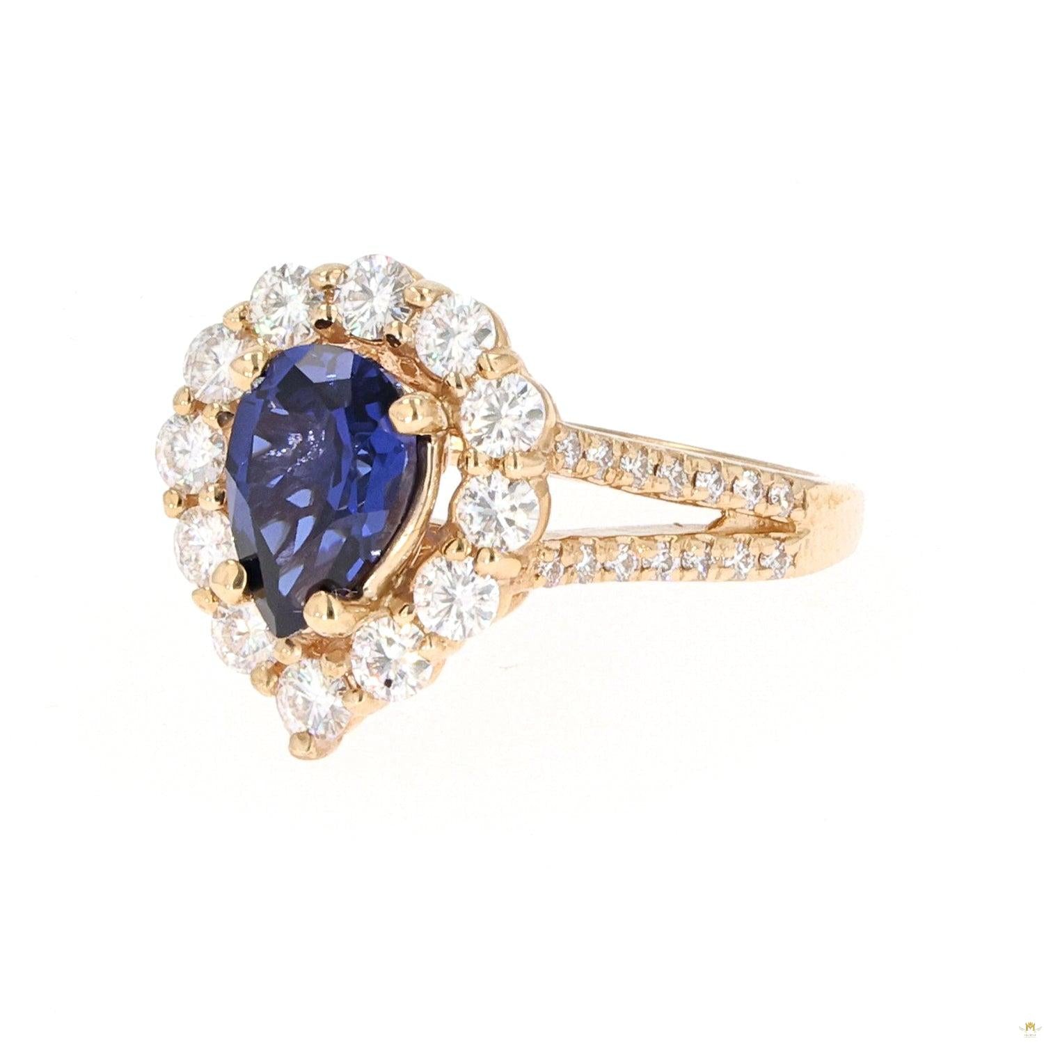 2.73 CTW   Blue Pear Lab Created Sapphire & Moissanite Statement Ring in 14K Yellow Gold