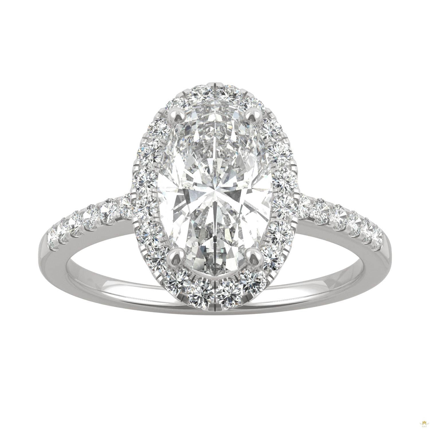2.62 CTW   Elongated Oval Moissanite Halo Ring in 14K White Gold