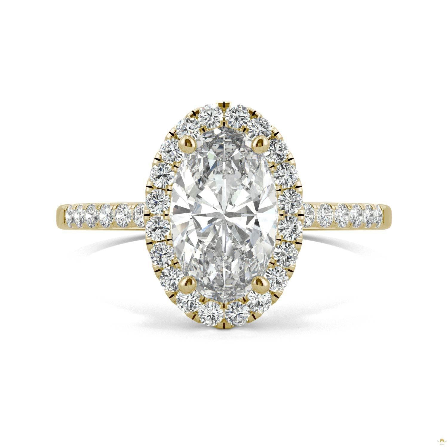 2.62 CTW   Elongated Oval Moissanite Halo Ring in 14K Yellow Gold