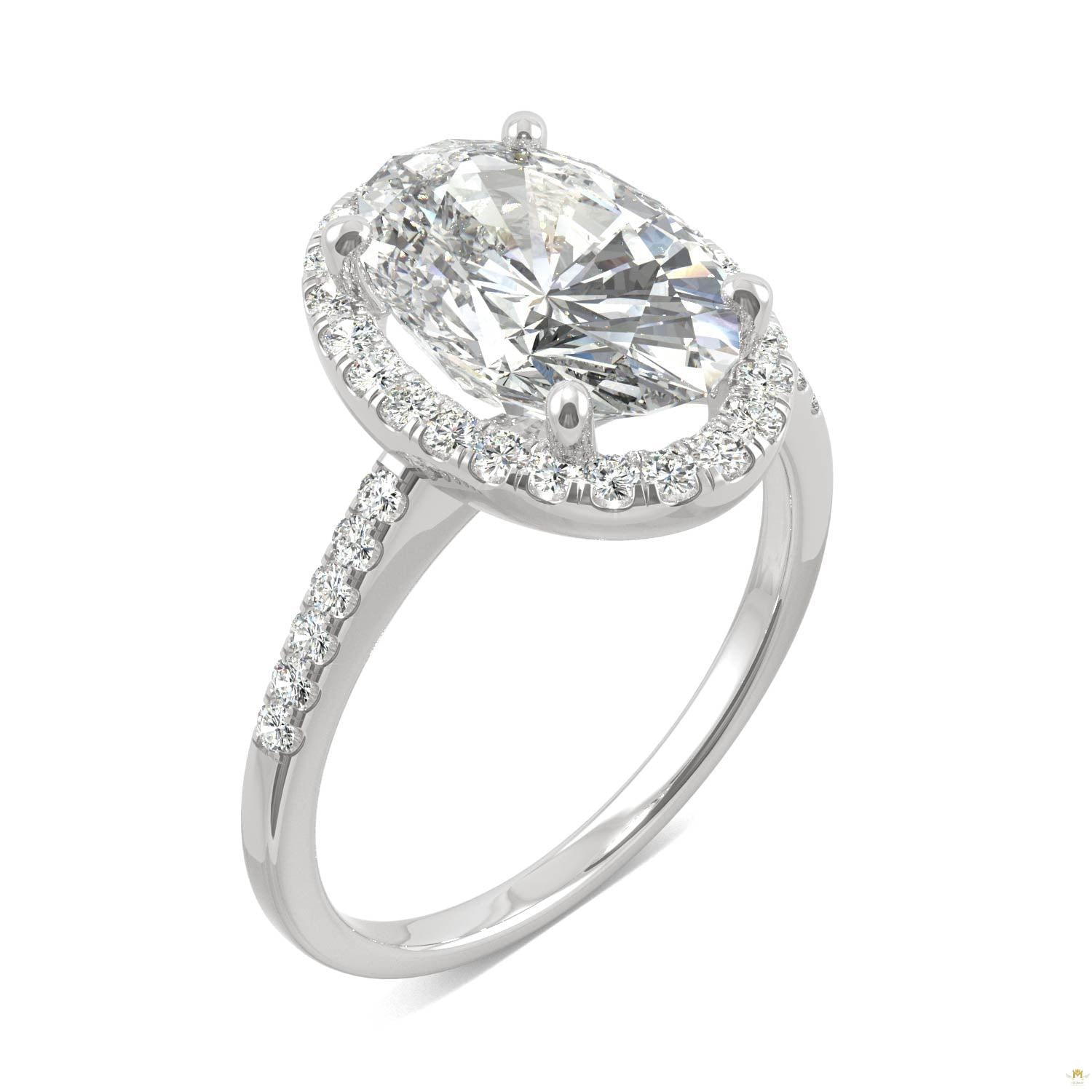 4.75 CTW   Elongated Oval Moissanite Halo Ring in 14K White Gold