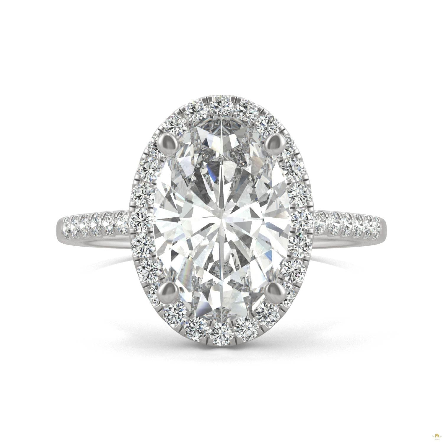 4.75 CTW   Elongated Oval Moissanite Halo Ring in 14K White Gold