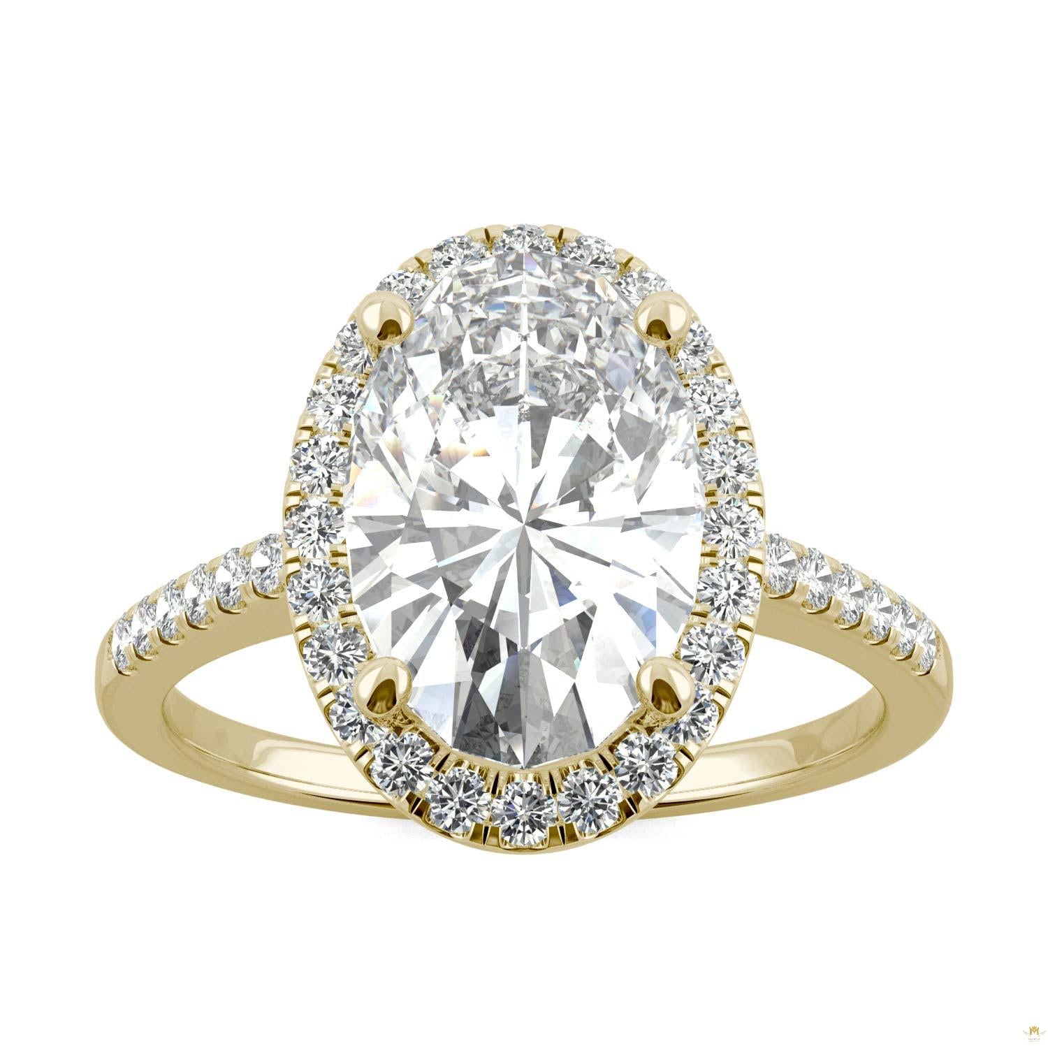 4.75 CTW   Elongated Oval Moissanite Halo Ring in 14K Yellow Gold