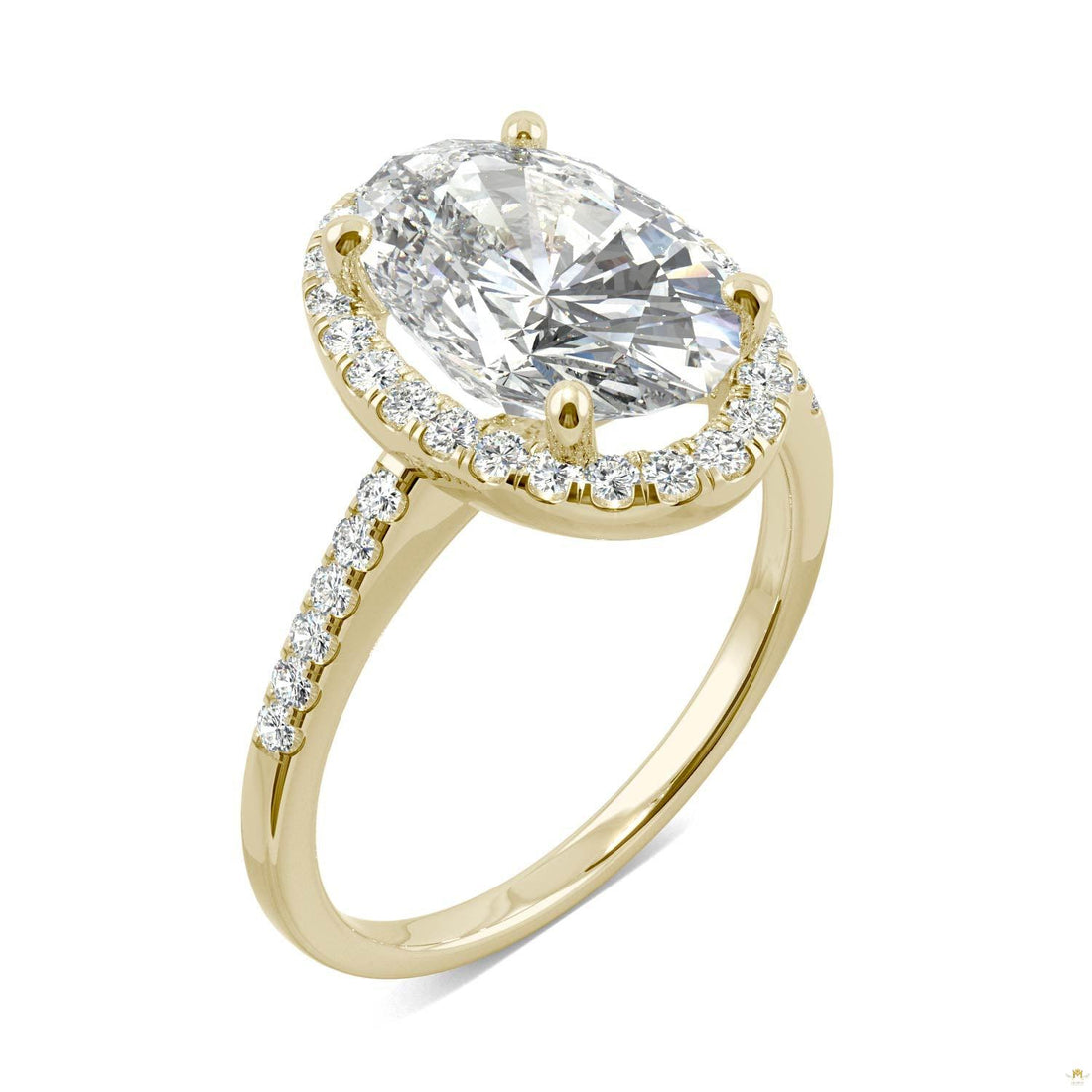 4.75 CTW   Elongated Oval Moissanite Halo Ring in 14K Yellow Gold