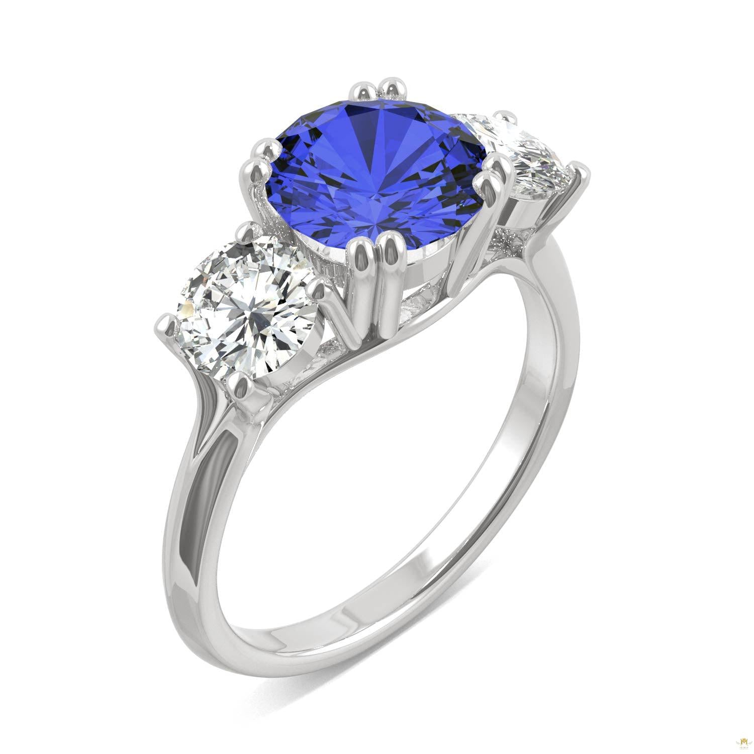 3.90 CTW   Round Sapphire Three Stone Ring in 14K White Gold