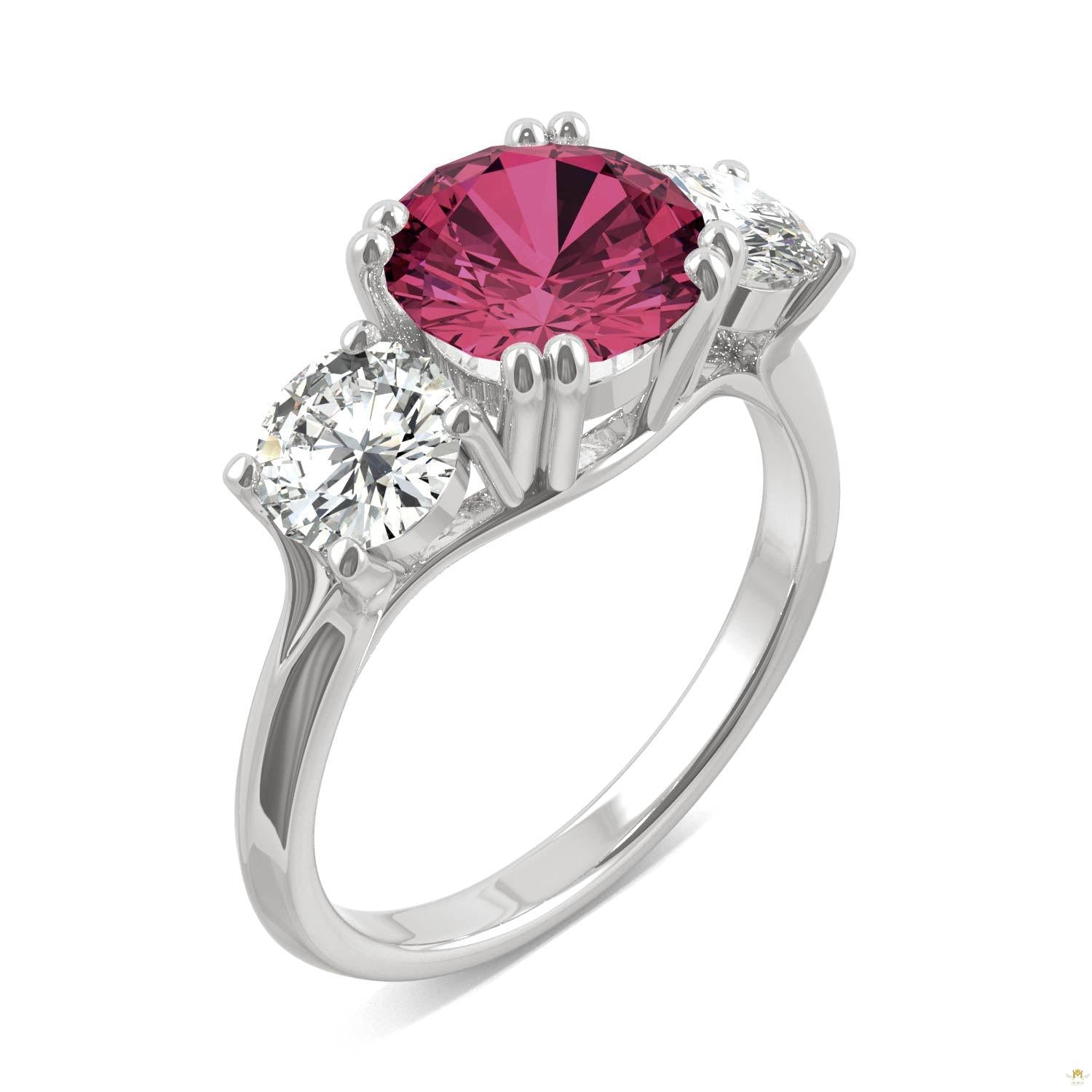 3.90 CTW   Round Ruby Three Stone Ring in 14K White Gold