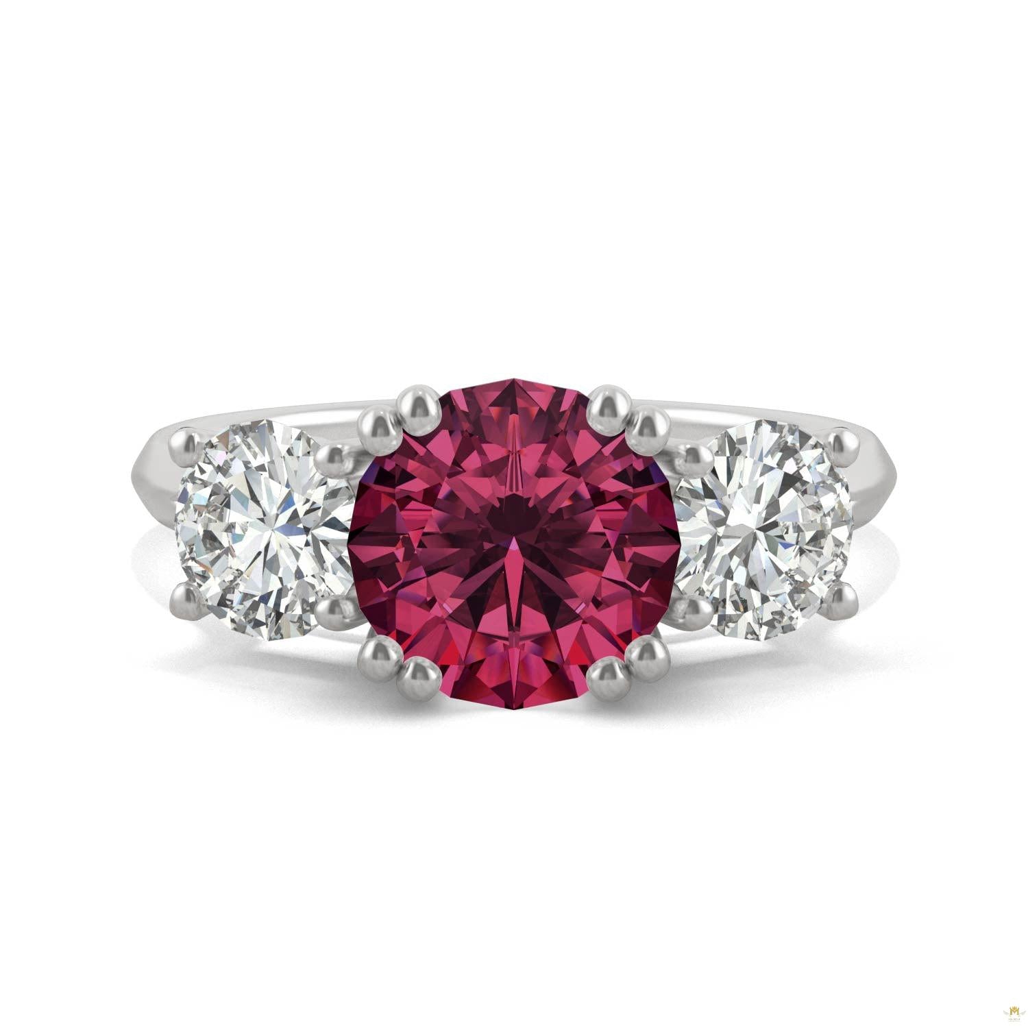 3.90 CTW   Round Ruby Three Stone Ring in 14K White Gold
