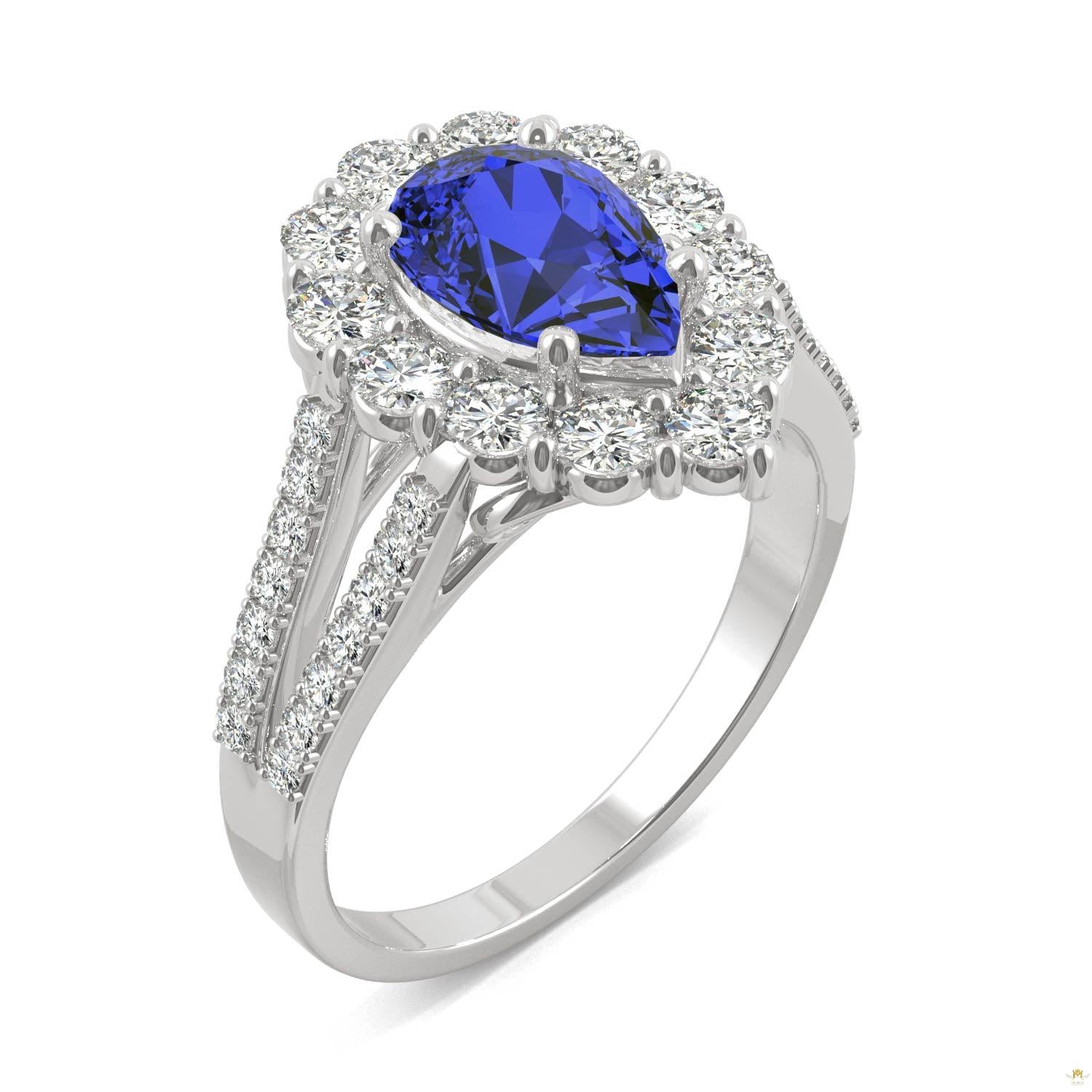 2.73 CTW   Pear Sapphire Halo Ring in 14K White Gold
