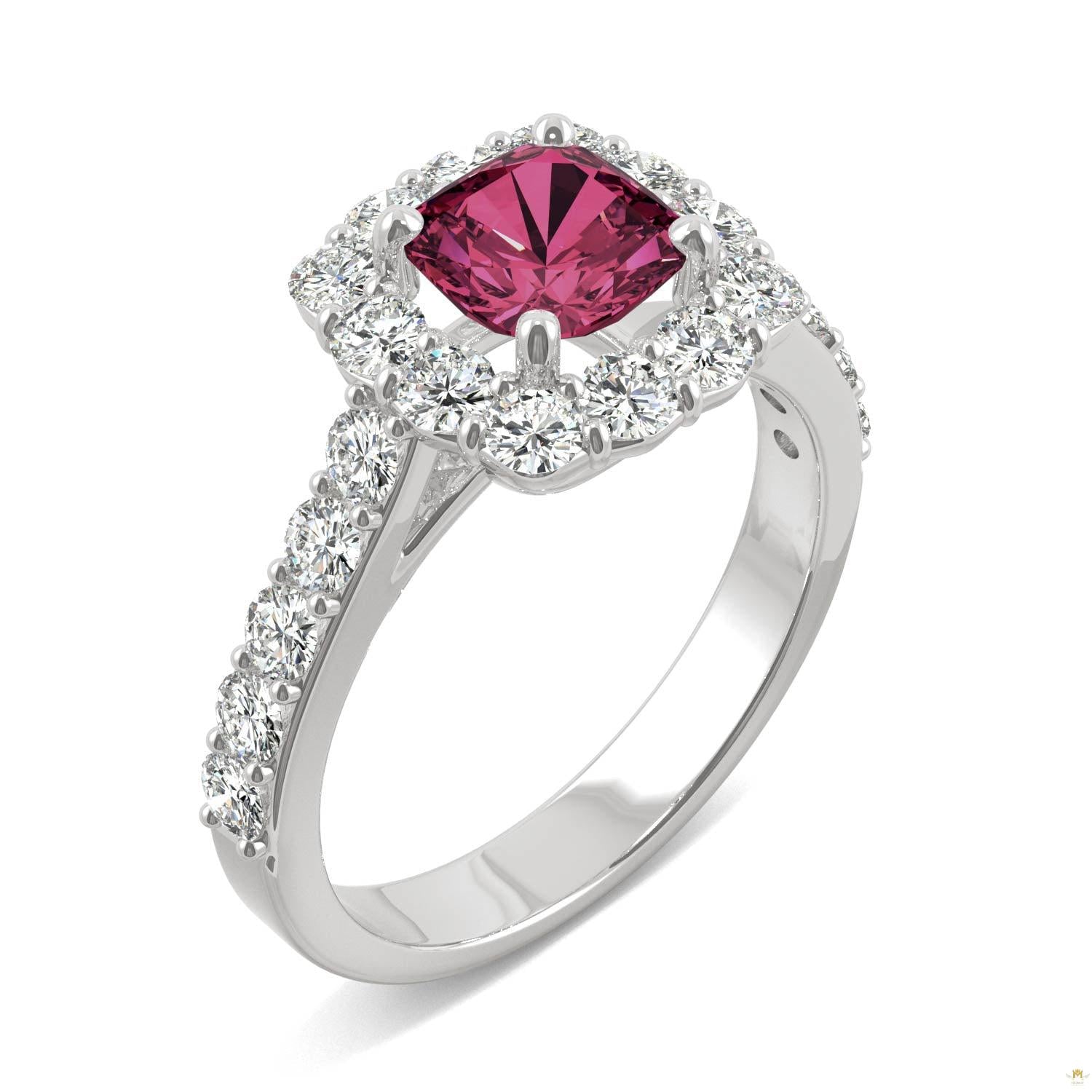2.30 CTW   Cushion Ruby Halo Ring in 14K White Gold