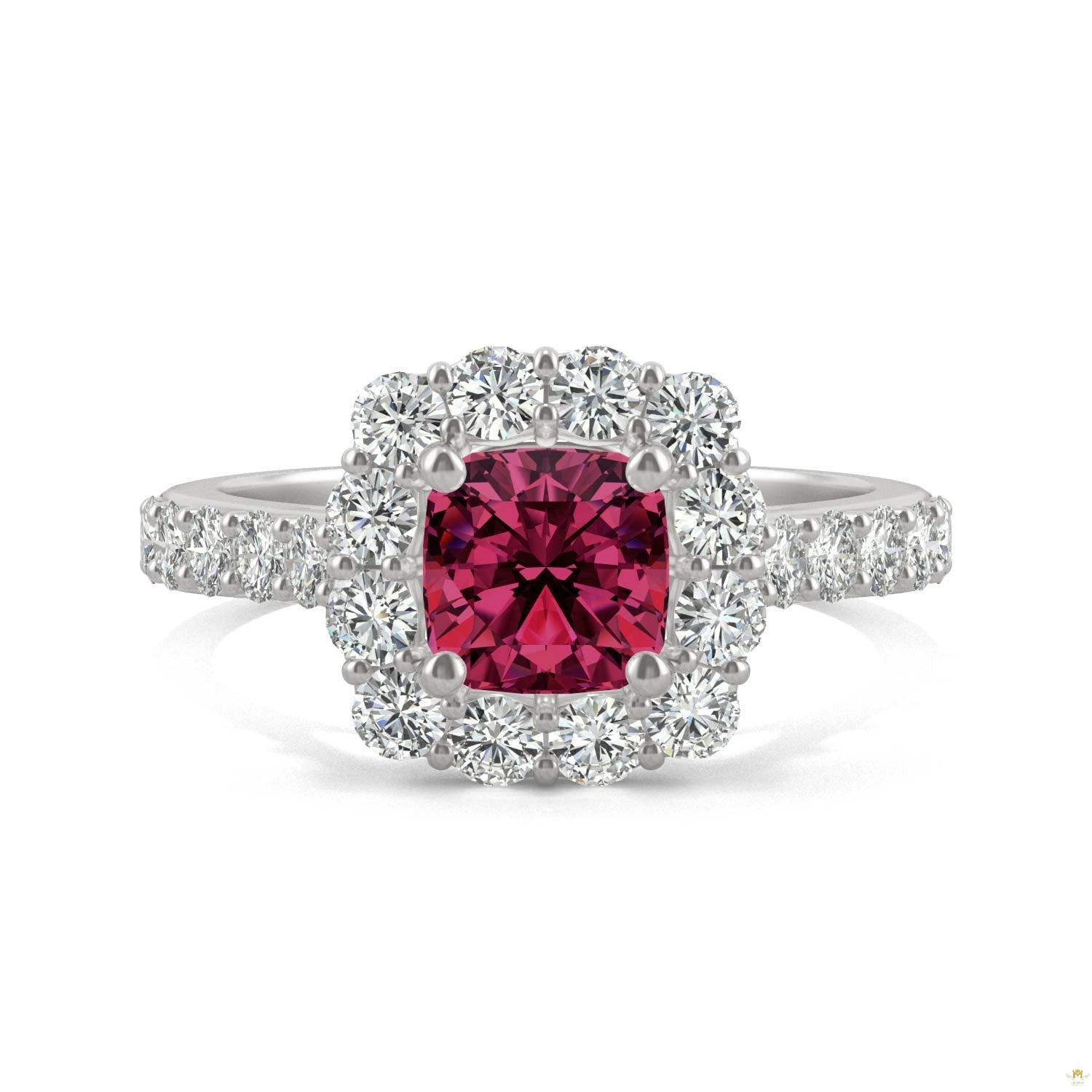 2.30 CTW   Cushion Ruby Halo Ring in 14K White Gold