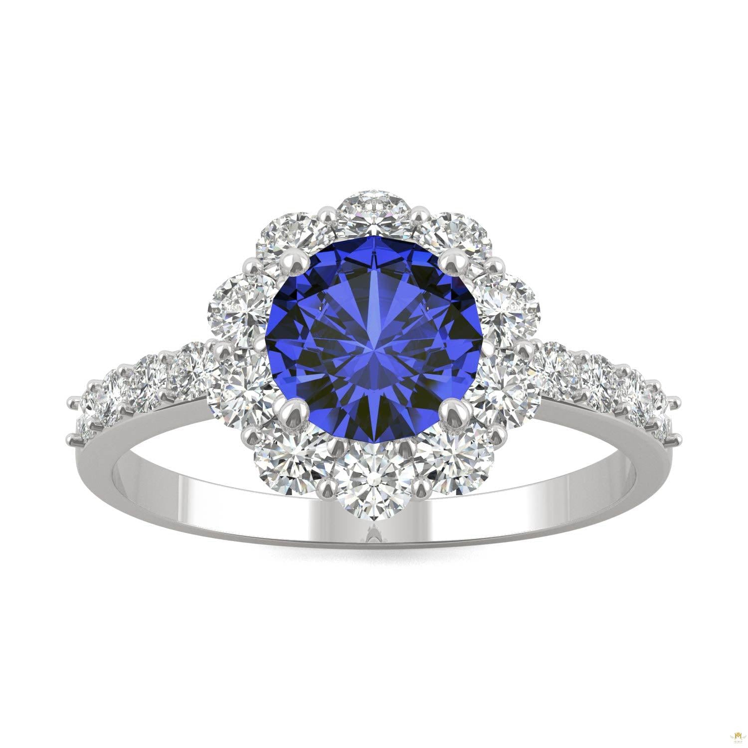 2.28 CTW   Round Sapphire Halo Ring in 14K White Gold