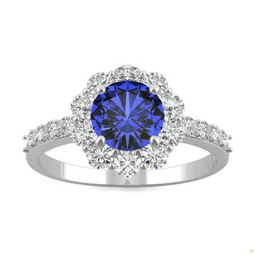 2.28 CTW   Round Sapphire Halo Ring in 14K White Gold
