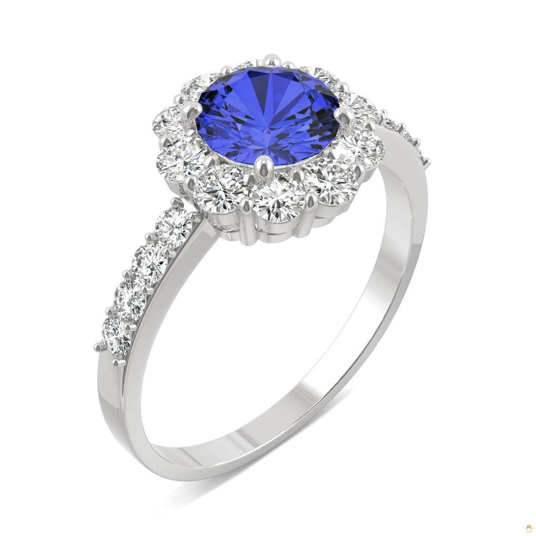 2.28 CTW   Round Sapphire Halo Ring in 14K White Gold