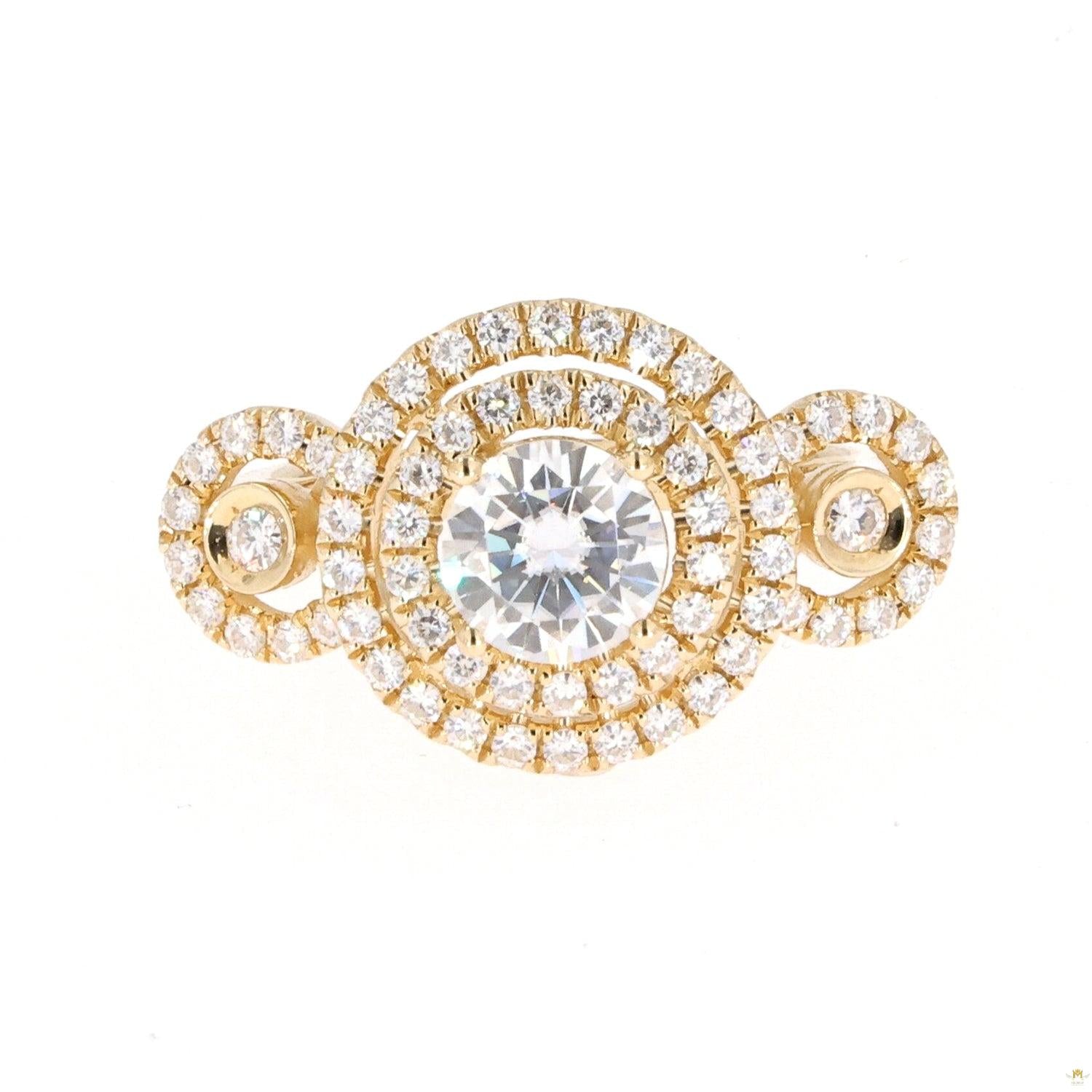 1.69 CTW   Round Near-Colorless Moissanite Double Halo Three-Stone Engagement Ring in 14K Yellow Gold