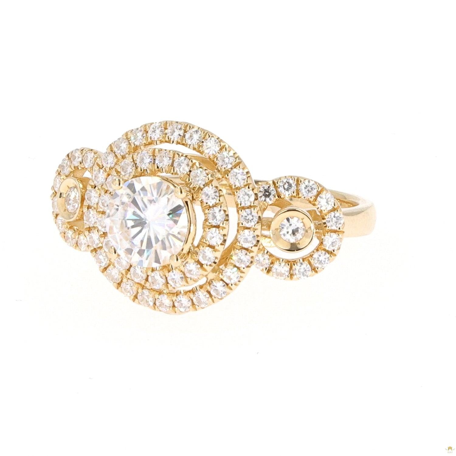 1.69 CTW   Round Near-Colorless Moissanite Double Halo Three-Stone Engagement Ring in 14K Yellow Gold